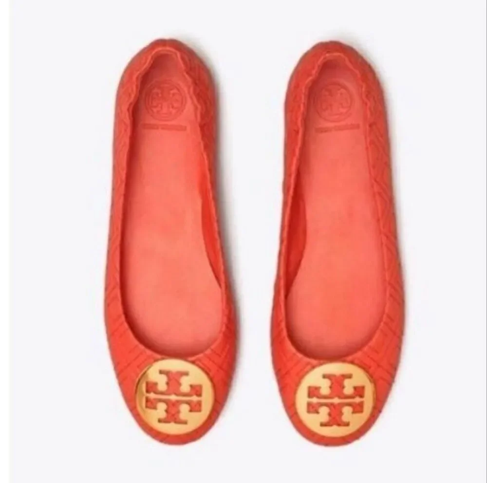 Tory Burch Minnie Quilted Leather Ballet Flats Vibrant Orange Fall Preppy Sz 6.5